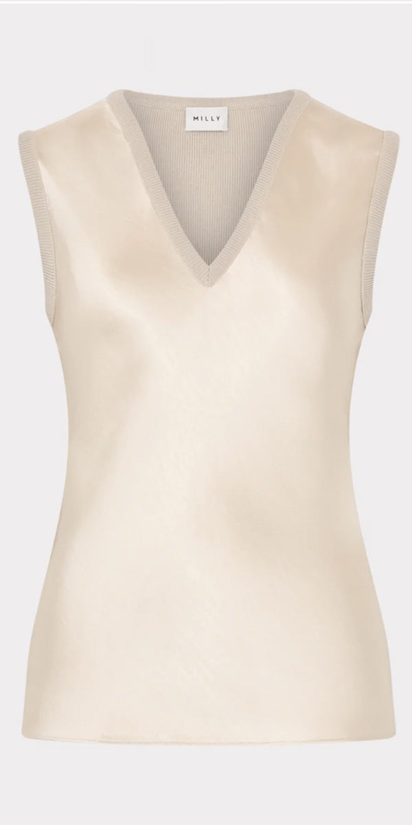 Milly Satin Knit Combo V-Neck Top