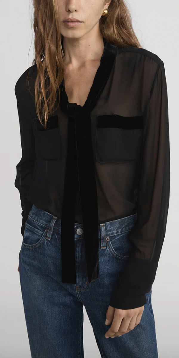 FRAME Velvet Trim Modern Tie Blouse