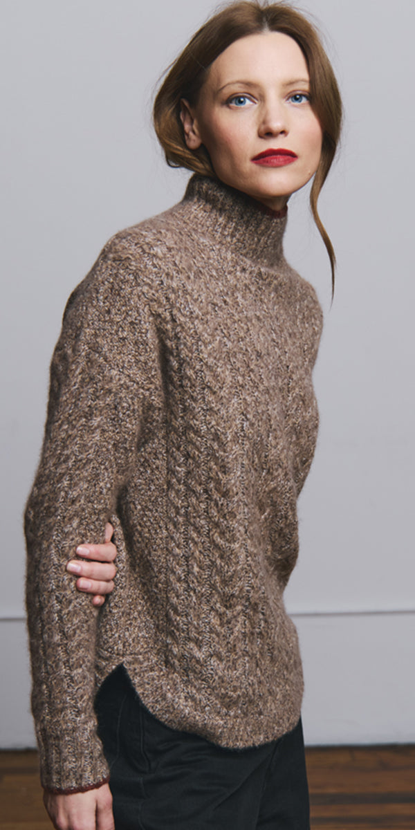 Autumn Cashmere Cabled Shirttail Mock Neck Sweater