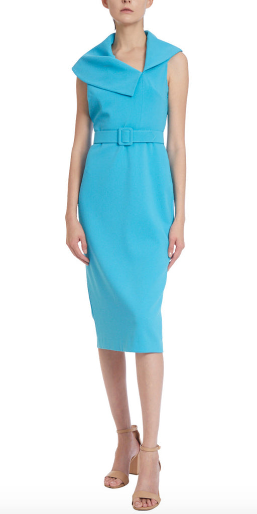 Badgley Mischka Belted Sheath Cocktail Gown with Portrait Collar